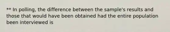 ** In polling, the difference between the sample's results and those that would have been obtained had the entire population been interviewed is