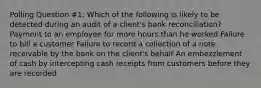 Polling Question #1: Which of the following is likely to be detected during an audit of a client's bank reconciliation? Payment to an employee for more hours than he worked Failure to bill a customer Failure to record a collection of a note receivable by the bank on the client's behalf An embezzlement of cash by intercepting cash receipts from customers before they are recorded