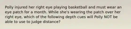 Polly injured her right eye playing basketball and must wear an eye patch for a month. While she's wearing the patch over her right eye, which of the following depth cues will Polly NOT be able to use to judge distance?