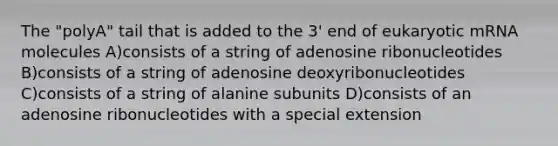 The "polyA" tail that is added to the 3' end of eukaryotic mRNA molecules A)consists of a string of adenosine ribonucleotides B)consists of a string of adenosine deoxyribonucleotides C)consists of a string of alanine subunits D)consists of an adenosine ribonucleotides with a special extension