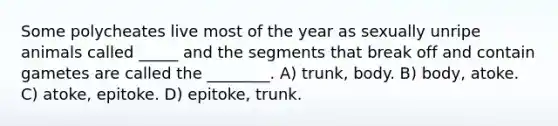 Some polycheates live most of the year as sexually unripe animals called _____ and the segments that break off and contain gametes are called the ________. A) trunk, body. B) body, atoke. C) atoke, epitoke. D) epitoke, trunk.