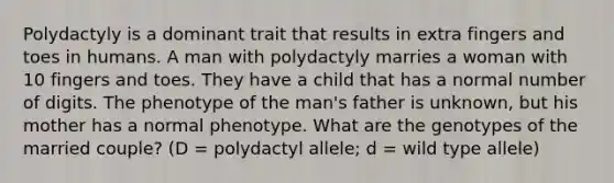 Polydactyly is a dominant trait that results in extra fingers and toes in humans. A man with polydactyly marries a woman with 10 fingers and toes. They have a child that has a normal number of digits. The phenotype of the man's father is unknown, but his mother has a normal phenotype. What are the genotypes of the married couple? (D = polydactyl allele; d = wild type allele)