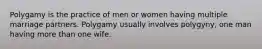 Polygamy is the practice of men or women having multiple marriage partners. Polygamy usually involves polygyny, one man having more than one wife.