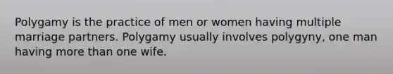 Polygamy is the practice of men or women having multiple marriage partners. Polygamy usually involves polygyny, one man having more than one wife.