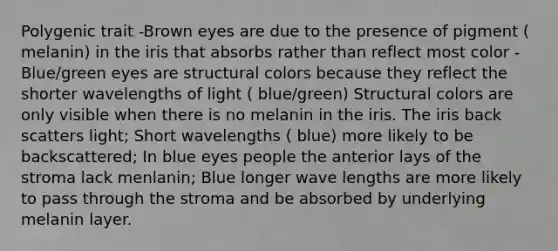 Polygenic trait -Brown eyes are due to the presence of pigment ( melanin) in the iris that absorbs rather than reflect most color -Blue/green eyes are structural colors because they reflect the shorter wavelengths of light ( blue/green) Structural colors are only visible when there is no melanin in the iris. The iris back scatters light; Short wavelengths ( blue) more likely to be backscattered; In blue eyes people the anterior lays of the stroma lack menlanin; Blue longer wave lengths are more likely to pass through the stroma and be absorbed by underlying melanin layer.