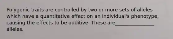 Polygenic traits are controlled by two or more sets of alleles which have a quantitative effect on an individual's phenotype, causing the effects to be additive. These are________________ alleles.