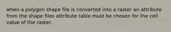 when a polygon shape file is converted into a raster an attribute from the shape files attribute table must be chosen for the cell value of the raster.