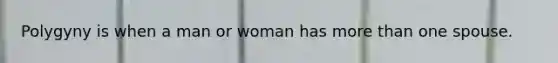 Polygyny is when a man or woman has more than one spouse.