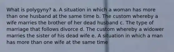 What is polygyny? a. A situation in which a woman has more than one husband at the same time b. The custom whereby a wife marries the brother of her dead husband c. The type of marriage that follows divorce d. The custom whereby a widower marries the sister of his dead wife e. A situation in which a man has more than one wife at the same time