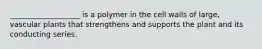 ___________________ is a polymer in the cell walls of large, vascular plants that strengthens and supports the plant and its conducting series.