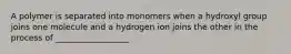 A polymer is separated into monomers when a hydroxyl group joins one molecule and a hydrogen ion joins the other in the process of __________________