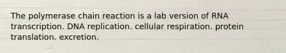 <a href='https://www.questionai.com/knowledge/k3XMQtqoRf-the-polymerase-chain-reaction' class='anchor-knowledge'>the polymerase chain reaction</a> is a lab version of RNA transcription. <a href='https://www.questionai.com/knowledge/kofV2VQU2J-dna-replication' class='anchor-knowledge'>dna replication</a>. <a href='https://www.questionai.com/knowledge/k1IqNYBAJw-cellular-respiration' class='anchor-knowledge'>cellular respiration</a>. protein translation. excretion.