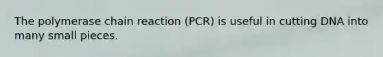 <a href='https://www.questionai.com/knowledge/k3XMQtqoRf-the-polymerase-chain-reaction' class='anchor-knowledge'>the polymerase chain reaction</a> (PCR) is useful in cutting DNA into many small pieces.