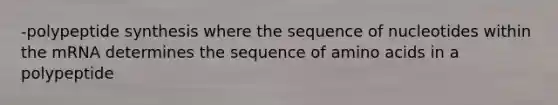 -polypeptide synthesis where the sequence of nucleotides within the mRNA determines the sequence of <a href='https://www.questionai.com/knowledge/k9gb720LCl-amino-acids' class='anchor-knowledge'>amino acids</a> in a polypeptide