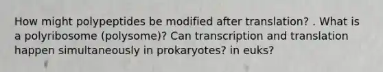 How might polypeptides be modified after translation? . What is a polyribosome (polysome)? Can <a href='https://www.questionai.com/knowledge/kWsjwWywkN-transcription-and-translation' class='anchor-knowledge'>transcription and translation</a> happen simultaneously in prokaryotes? in euks?