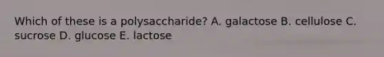 Which of these is a polysaccharide? A. galactose B. cellulose C. sucrose D. glucose E. lactose