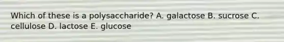 Which of these is a polysaccharide? A. galactose B. sucrose C. cellulose D. lactose E. glucose