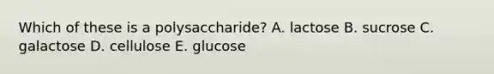 Which of these is a polysaccharide? A. lactose B. sucrose C. galactose D. cellulose E. glucose