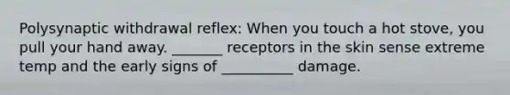 Polysynaptic withdrawal reflex: When you touch a hot stove, you pull your hand away. _______ receptors in the skin sense extreme temp and the early signs of __________ damage.