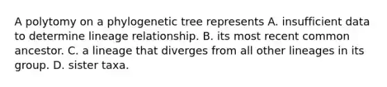 A polytomy on a phylogenetic tree represents A. insufficient data to determine lineage relationship. B. its most recent common ancestor. C. a lineage that diverges from all other lineages in its group. D. sister taxa.