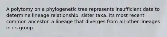 A polytomy on a phylogenetic tree represents insufficient data to determine lineage relationship. sister taxa. its most recent common ancestor. a lineage that diverges from all other lineages in its group.