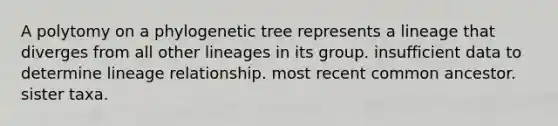 A polytomy on a phylogenetic tree represents a lineage that diverges from all other lineages in its group. insufficient data to determine lineage relationship. most recent common ancestor. sister taxa.