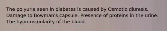 The polyuria seen in diabetes is caused by Osmotic diuresis. Damage to Bowman's capsule. Presence of proteins in the urine. The hypo-osmolarity of <a href='https://www.questionai.com/knowledge/k7oXMfj7lk-the-blood' class='anchor-knowledge'>the blood</a>.