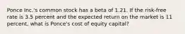 Ponce Inc.'s common stock has a beta of 1.21. If the risk-free rate is 3.5 percent and the expected return on the market is 11 percent, what is Ponce's cost of equity capital?