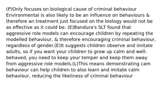 (P)Only focuses on biological cause of criminal behaviour Environmental is also likely to be an influence on behaviours & therefore an treatment just focused on the biology would not be as effective as it could be. (E)Bandura's SLT found that aggressive role models can encourage children by repeating the modelled behaviour, & therefore encouraging criminal behaviour, regardless of gender.(E)It suggests children observe and imitate adults, so if you want your children to grow up calm and well-behaved, you need to keep your temper and keep them away from aggressive role models.(L)This means demonstrating cam behaviour can help children to also learn and imitate calm behaviour, reducing the likeliness of criminal behaviour