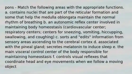 pons - Match the following areas with the appropriate functions. a. contains nuclei that are part of the reticular formation and some that help the medulla oblongata maintain the normal rhythm of breathing b. an autonomic reflex center involved in maintaining body homeostasis (cardiovascular center; respiratory centers; centers for sneezing, vomiting, hiccupping, swallowing, and coughing) c. sorts and "edits" information from sensory areas ascending to the cerebral cortex d. associated with the pineal gland; secretes melatonin to induce sleep e. the main visceral control center of the body responsible for maintaining homeostasis f. controls visual reflexes that coordinate head and eye movements when we follow a moving object