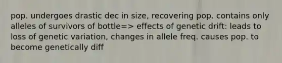 pop. undergoes drastic dec in size, recovering pop. contains only alleles of survivors of bottle=> effects of genetic drift: leads to loss of genetic variation, changes in allele freq. causes pop. to become genetically diff