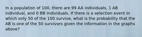 In a population of 100, there are 99 AA individuals, 1 AB individual, and 0 BB individuals. If there is a selection event in which only 50 of the 100 survive, what is the probability that the AB is one of the 50 survivors given the information in the graphs above?