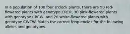 In a population of 100 four o'clock plants, there are 50 red-flowered plants with genotype CRCR, 30 pink-flowered plants with genotype CRCW, and 20 white-flowered plants with genotype CWCW. Match the correct frequencies for the following alleles and genotypes.