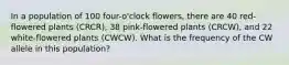 In a population of 100 four-o'clock flowers, there are 40 red-flowered plants (CRCR), 38 pink-flowered plants (CRCW), and 22 white-flowered plants (CWCW). What is the frequency of the CW allele in this population?