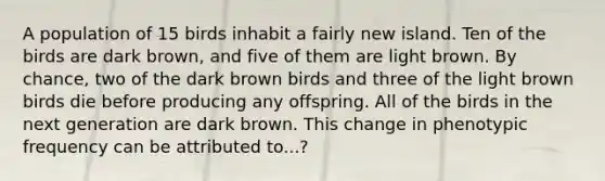 A population of 15 birds inhabit a fairly new island. Ten of the birds are dark brown, and five of them are light brown. By chance, two of the dark brown birds and three of the light brown birds die before producing any offspring. All of the birds in the next generation are dark brown. This change in phenotypic frequency can be attributed to...?