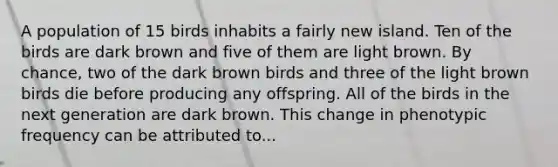 A population of 15 birds inhabits a fairly new island. Ten of the birds are dark brown and five of them are light brown. By chance, two of the dark brown birds and three of the light brown birds die before producing any offspring. All of the birds in the next generation are dark brown. This change in phenotypic frequency can be attributed to...