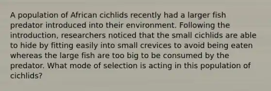 A population of African cichlids recently had a larger fish predator introduced into their environment. Following the introduction, researchers noticed that the small cichlids are able to hide by fitting easily into small crevices to avoid being eaten whereas the large fish are too big to be consumed by the predator. What mode of selection is acting in this population of cichlids?