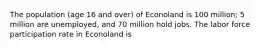 The population (age 16 and over) of Econoland is 100 million; 5 million are unemployed, and 70 million hold jobs. The labor force participation rate in Econoland is