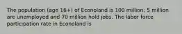 The population (age 16+) of Econoland is 100 million; 5 million are unemployed and 70 million hold jobs. The labor force participation rate in Econoland is