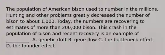 The population of American bison used to number in the millions. Hunting and other problems greatly decreased the number of bison to about 1,000. Today, the numbers are recovering to estimates of more than 200,000 bison. This crash in the population of bison and recent recovery is an example of __________. A. genetic drift B. gene flow C. the bottleneck effect D. the founder effect