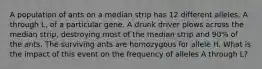 A population of ants on a median strip has 12 different alleles, A through L, of a particular gene. A drunk driver plows across the median strip, destroying most of the median strip and 90% of the ants. The surviving ants are homozygous for allele H. What is the impact of this event on the frequency of alleles A through L?