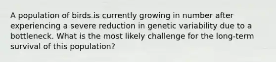 A population of birds is currently growing in number after experiencing a severe reduction in genetic variability due to a bottleneck. What is the most likely challenge for the long-term survival of this population?