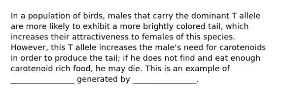 In a population of birds, males that carry the dominant T allele are more likely to exhibit a more brightly colored tail, which increases their attractiveness to females of this species. However, this T allele increases the male's need for carotenoids in order to produce the tail; if he does not find and eat enough carotenoid rich food, he may die. This is an example of ________________ generated by ________________.