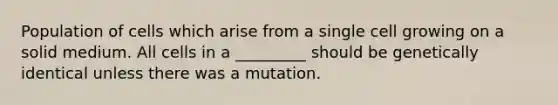 Population of cells which arise from a single cell growing on a solid medium. All cells in a _________ should be genetically identical unless there was a mutation.