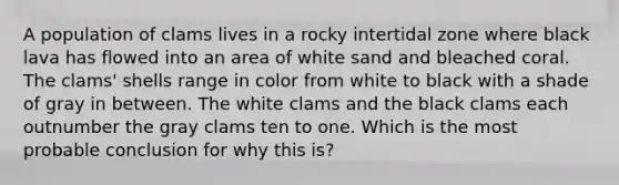 A population of clams lives in a rocky intertidal zone where black lava has flowed into an area of white sand and bleached coral. The clams' shells range in color from white to black with a shade of gray in between. The white clams and the black clams each outnumber the gray clams ten to one. Which is the most probable conclusion for why this is?