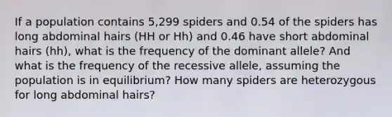 If a population contains 5,299 spiders and 0.54 of the spiders has long abdominal hairs (HH or Hh) and 0.46 have short abdominal hairs (hh), what is the frequency of the dominant allele? And what is the frequency of the recessive allele, assuming the population is in equilibrium? How many spiders are heterozygous for long abdominal hairs?