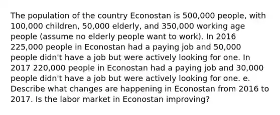 The population of the country Econostan is 500,000 people, with 100,000 children, 50,000 elderly, and 350,000 working age people (assume no elderly people want to work). In 2016 225,000 people in Econostan had a paying job and 50,000 people didn't have a job but were actively looking for one. In 2017 220,000 people in Econostan had a paying job and 30,000 people didn't have a job but were actively looking for one. e. Describe what changes are happening in Econostan from 2016 to 2017. Is the labor market in Econostan improving?