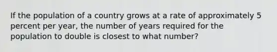 If the population of a country grows at a rate of approximately 5 percent per year, the number of years required for the population to double is closest to what number?