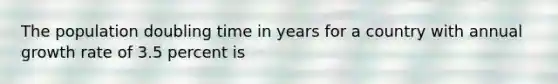 The population doubling time in years for a country with annual growth rate of 3.5 percent is