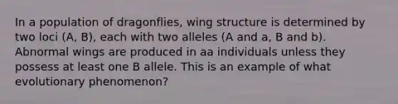 In a population of dragonflies, wing structure is determined by two loci (A, B), each with two alleles (A and a, B and b). Abnormal wings are produced in aa individuals unless they possess at least one B allele. This is an example of what evolutionary phenomenon?